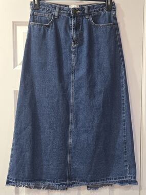 BDG Women's Blue Denim Cotton A-Line Midi Skirt Raw Hem Slit Pockets